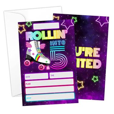 Imagem de HOUSPEAK Cartões de convites de preenchimento de 5º aniversário para patinação em rolo com envelopes (20 unidades), decoração retrô neon para festas de aniversário, convites de aniversário para