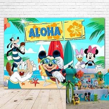 Imagem de YouRan Pano de fundo Mickey Mouse prancha de surfe havaiana Aloha selva praia Mickey Mouse fundo de chá de bebê verão Luau Mickey Mouse para decoração de parede