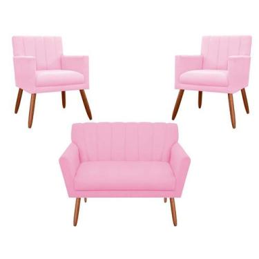 Imagem de Kit Namoradeira + 2 Poltronas Decorativa Cecília Suede Rosa Bebê Pés M