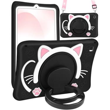 Imagem de Wazzasoft Capa para Samsung Galaxy Tab S6 Lite de 10,4 polegadas para meninas linda capa de gato preto feminino desenho kawaii gatinho com alça giratória suporte e alça de silicone macio Funda para