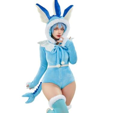 Imagem de Mobbunny Pijama feminino macacão de Halloween Natal pijama animal macacão azul felpudo roupa de casa com capuz fofo, Azul-celeste, M