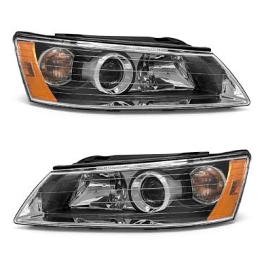 Imagem de ADCARLIGHTS Farol compatível com Hyundai Sonata 2006 2007 2008 farol com invólucro preto refletor âmbar par de substituição (lente transparente refletor âmbar preto da carcaça)