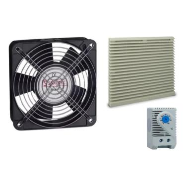 Imagem de Ventilador Cooler + Veneziana + Grade Termosta 200x200 2pç Estrutura Preto Pás Preto Diâmetro 20   Frequência 50/60 Material Das Pás Plástico Quantidade De Pás 5 127/220v Ventilador 20X20