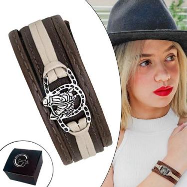 Imagem de Pulseira de Couro  Feminina Country Ajustável Pingente 2 Ferraduras e 