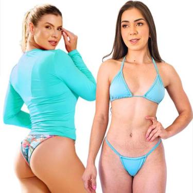 Imagem de Kit Camiseta Térmica Segunda Pele Feminina Biquini Fio Dental Cortinin