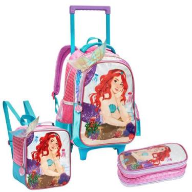 Imagem de Kit Escolar Mochila De Rodinhas Lancheira Estojo Sereia 3D - Denlex, R