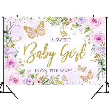 Imagem de Wollmix Decoração de chá de bebê borboleta para fundo de menina 2,7 x 1,8 m A Sweet Baby Girl is on the Way roxo floral flores fotografia fundo dourado pontos princesa banner foto cabine suprimentos adereços