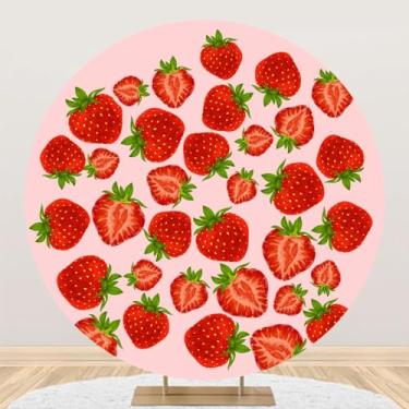 Imagem de DORCEV Capa redonda de 2,2 x 2,2 m, morango, para crianças, meninas, aniversário, retrato, círculo, fotografia, fundo vermelho, bagas doces, rosa, chá de bebê recém-nascido, decoração de festa de
