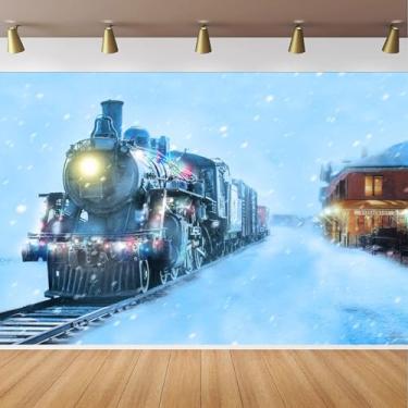 Imagem de CapiSco Pano de fundo de trem de Natal de inverno para decoração de festa infantil, Natal, noite de neve, fundo de festa ferroviária para fotografia, bandeira de decoração de floco de neve do país das