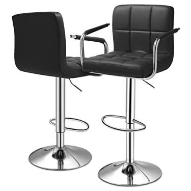Imagem de MoNiBloom Conjunto de 2 bancos de bar ajustáveis com apoio de braço quadrado traseiro giratório moderno banco de bar com apoio para os pés para balcão de jantar pub, preto