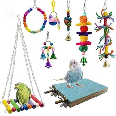 Imagem de Deloky 8 pacotes de brinquedos de mastigar para pássaros - Brinquedos de sino de papagaio de rede adequados para pequenos periquitos, coquetéis, conures, pochetes, camaradas, arararadas, papagaios, pássaros apaixonados