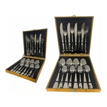 Imagem de Faqueiro 16 Pçs Aço Inox Com Maleta Dourada Luxo - Top Prata - Nakasak