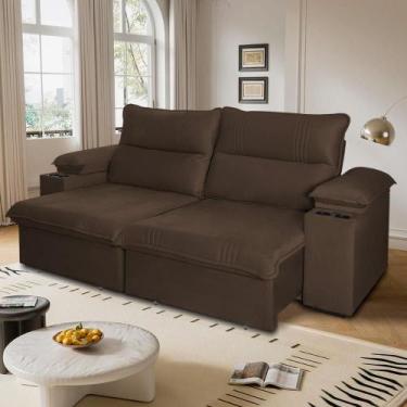 Imagem de Sofá Retrátil Tesla 2,40m USB e Porta Copo Suede Marrom - King House