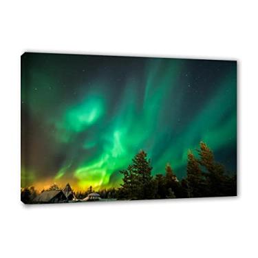 Imagem de Céu estrelado verde Aurora Boreal impressões em tela - Aurora Boreal arte de parede imagens de paisagem - pôster e impressões da aurora boreal - emoldurado pronto para pendurar para decoração de sala