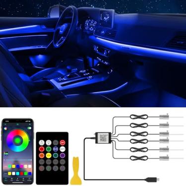 Imagem de Fita de LED para carro 6 em 1 aplicativo e controle remoto, kit de iluminação ambiente RGB de 16 milhões de cores com fibra ótica de 800 cm, decoração de carro para teto de porta de painel
