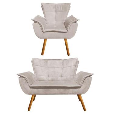 Imagem de Kit Sofá Retrô Namoradeira e 01 Poltrona Opala Suede Bege - D'Rossi