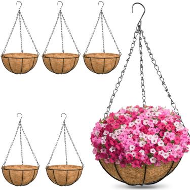 Imagem de ZeeDix 6 Pacotes de Cesta de Planta Suspensa de Metal de 14" com Forro de Fibra de Coco - Forro de Fibra de Coco com Corrente Preta para Cabide de Vasos de Varanda, Vaso de Flores para Plantas Interna