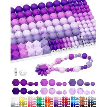 Imagem de FIVEIZERO Kit de contas de silicone com 172 peças, 6 cores roxas mistas, redondas de 9 mm e 15 mm, lentilha, contas hexagonais e espaçadores de strass para fabricação de chaveiros e joias