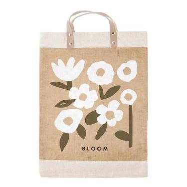 Imagem de Santa Barbara Design Studio Bolsa feminina de juta para compras Farmer's Market com alças de couro genuíno e forro à prova d'água, Florescendo, 13" W x 18" H x 8" D, Sacola de juta