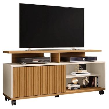 Imagem de Rack Bancada Para Tv Até 52 Pol. Com Rodízios 1 Porta Topázio Cinamomo/Off White/Ripado - Bechara