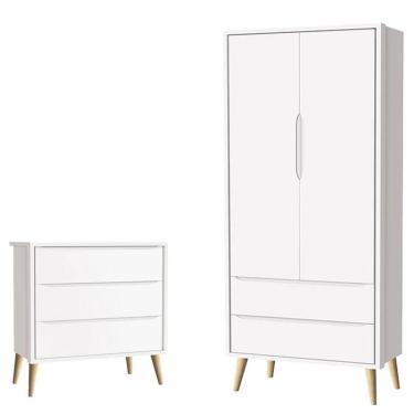 Imagem de Cômoda Gaveteiro Infantil e Guarda Roupa 2 Portas Theo Branco Acetinado Pés Madeira Natural – Reller