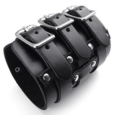 Imagem de jonline24h Pulseira masculina e feminina de couro genuíno larga Punk Rock serve para 19 cm a 23 cm, preto e marrom, 9 inches, Couro