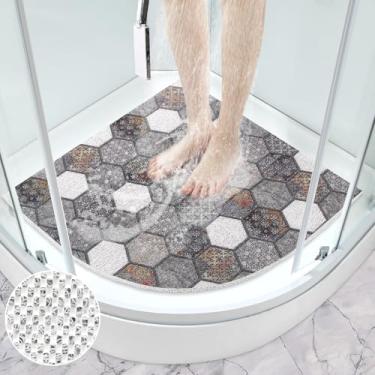 Imagem de Tapete de chuveiro de canto antiderrapante: Mofonky Tapetes de chuveiro triangulares grandes de 70 x 70 cm para chuveiro interno - Tapete de chuveiro de bucha macio colorido antiderrapante