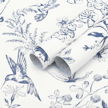 Imagem de Safiyya Papel de parede de contato azul e branco de pássaros florais papel de parede moderno boho removível papel de parede autoadesivo rolo de vinil 497.8 cm x 43.9 cm