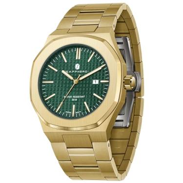 Imagem de SAPPHERO Relógio homem de quartzo 30 m impermeável de negócios casual relógios de pulso de aço inoxidável presente para homem, Ouro verde, pulseira