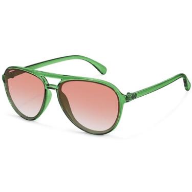 Imagem de Fozono Óculos de sol aviador retrô feminino masculino clássico moderno vintage ponte dupla aviadores óculos de sol proteção UV, Armação verde clara/lente rosa gradiente, Standard