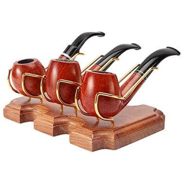 Imagem de Suporte de madeira para cachimbo de tabaco, suporte de exibição de cachimbo de madeira, suporte portátil para cachimbos, acessórios para cachimbos domésticos familiares com 3 compartimentos de metal