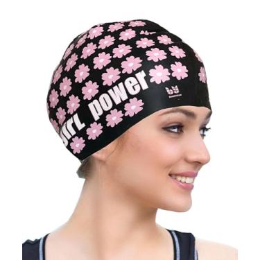 Imagem de Bondyuen Touca de natação para crianças, meninos, meninas, homens, mulheres, com cabelo curto ou médio, estampas divertidas de design fofo, bonés de natação de silicone (preto e feminino)..