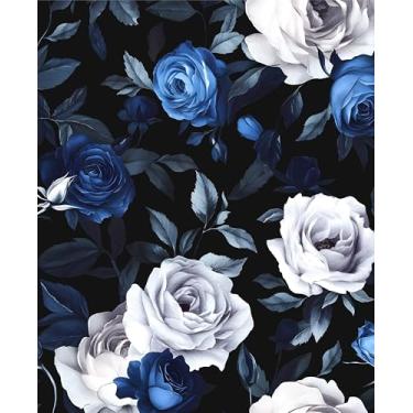 Imagem de Papel de parede preto foral descasque e cole papel de contato rosa azul escuro branco 44 cm x 998 cm, papel de parede de flores vintage removível autoadesivo para quarto, bancada, armários de mesa
