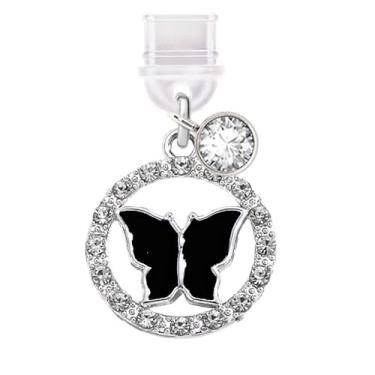 Imagem de ELISE & FONDA TP632 Tipo-C porta de carregamento plugue antipoeira pequeno círculo de cristal pingente de telefone borboleta para iPhone 15/16/Samsung/OnePlus/Xiaomi/oppo telefones Android (preto)