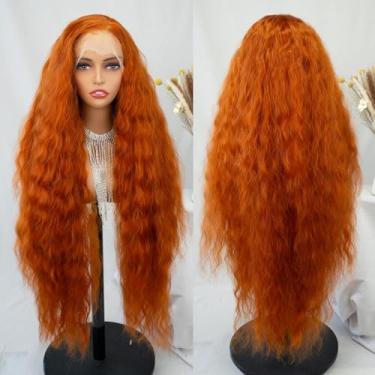 Imagem de MISS FANCY Perucas De Renda Frontal Ruiva 34" Para Mulheres Negras, 13X6 Hd Frontal, Onda D'Água, Longa, Cacheada, Linha Capilar Natural, Sintética, Sem Cola, Pré-Depilada Com Cabelo Bebê, Use E Vá