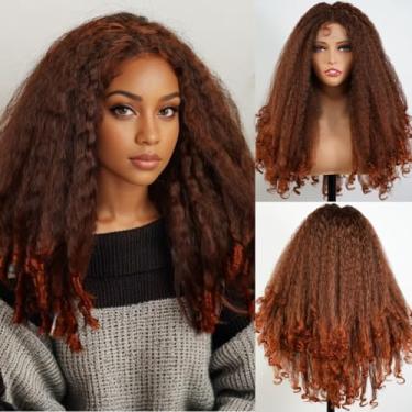 Imagem de MISS FANCY Peruca Afro Cacheada Com Renda Frontal Para Mulheres Negras, Cor Vermelho-Cobre, Sintética Natural, Crespa, Lisa, Pontas, Parte Em T, Transparente, Pré-Arrancada, Cabelo De Bebê, 20"