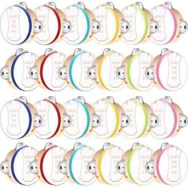 Imagem de Lukmaa Conjunto de 24 Pandeiros de 10 cm para adultos, tambor de mão de madeira com jingles de metal, etiquetas de presente, fita impressa branca I Love You, instrumento musical para presente de