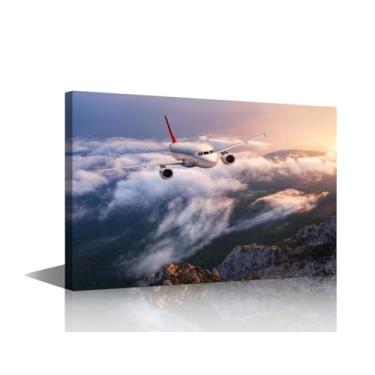 Imagem de TUMOVO Pinturas em tela arte de parede decoração de avião pintura avião no céu paisagem molduras colagem decoração de parede arte de parede moderna imagens de avião 61 cm L x 91 x 1 painel