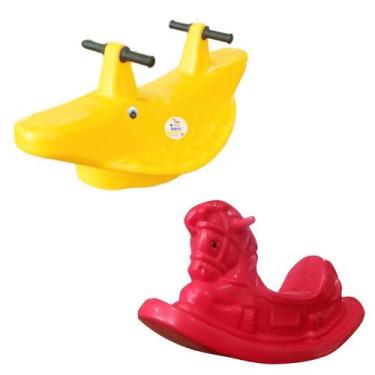 Imagem de Gangorra Infantil Cavalinho Vermelho Jacaré Amarelo Parque Diversão - 