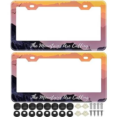 Imagem de 2 peças The mountaing are Calling License Plate Frames Cover Holders Capa de Aço Inoxidável Aventura Off-Road Exploration Discovery Capa de placa de licença com tampas de parafuso e conjunto de chave de fenda - 2 furos