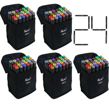 Imagem de Caneta Canetinhas 24 Cores Estojo Ponta Dupla Tinta Permanente Kit 5 Uni Bolsa Alça Desenho Pintura