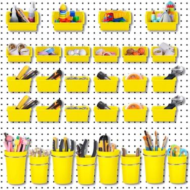 Imagem de Roowest Conjunto de 60 peças de caixas de pegboard, organizador de parede com ganchos e laços, acessório organizador sortido de ganchos para escritório, garagem, oficina (amarelo)