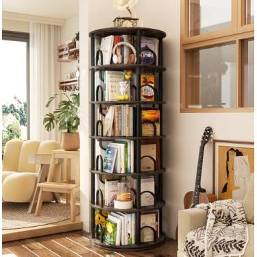 Imagem de Aheaplus Torre de estante rotativa de 6 níveis, estante giratória, prateleira redonda de 360°, estantes giratórias estreitas, organizador de estante de canto vertical para espaços pequenos, carvalho
