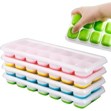 Imagem de Forma de Gelo com Tampa Rígida, 4 Bandejas, 14 Cubos por Bandeja, Fundo de Silicone Flexível, Livre de BPA, Multicolorido.