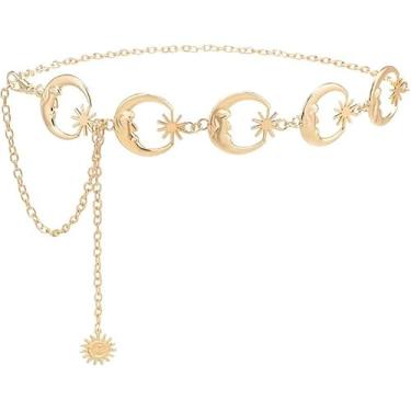 Imagem de NEOGRACE Corrente de metal feminina prata sol lua cinto de barriga acessórios corrente de cintura ajustável para vestidos, jeans e roupas, Dourado 02, Total length: 45 inches