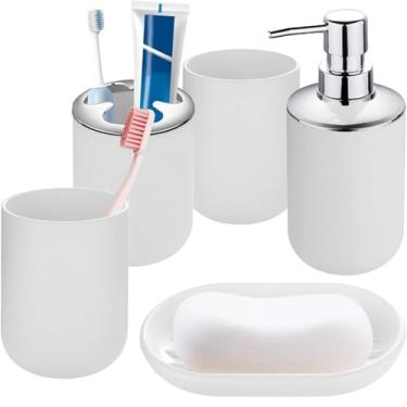 Imagem de FBXGT Kit Lavabo 5 Peças - Kit Banheiro Acessórios Pia Inclui Porta Escova de Dente,Porta Sabonete,Porta Sabonete Liquido,Copo de Gargarejo,Kit de Banheiro em Estilo Moderno e Minimalista