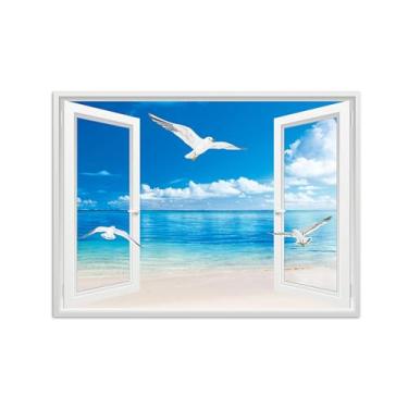 Imagem de Quadro de Parede Janela Falsa-Paisagens Impressões em Tela-Nuvens Praia Birds-Natureza Pinturas Decoração 50x70cm-19x27in Sem Moldura