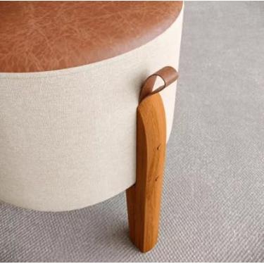 Imagem de Puff Bege Redondo Banqueta em Linho e Couro Suporta Até 120KG - Luma - Loja Inova BR