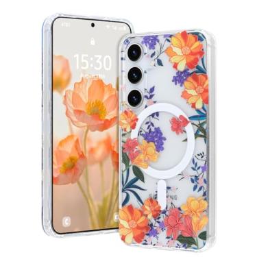 Imagem de AIGOMARA Capa magnética para Samsung Galaxy S24 [compatível com MagSafe] Design com estampa floral transparente, fina, antiamarelamento, à prova de choque, para mulheres e meninas, laranja