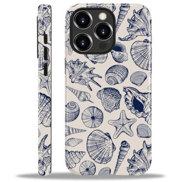 Imagem de ZHEGAILIAN Capa compatível com iPhone 15 Pro, capa de telefone com design de conchas azuis no oceano, capa dura de camada dupla mista + creme protetor de choque TPU de silicone macio